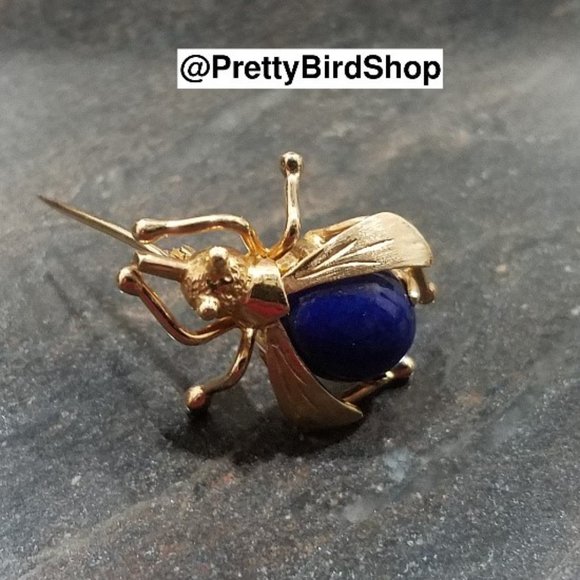 18K Gold Lapis Lazuli BEE pin new vintage artisan RARE deco animal bumblebee - Picture 7 of 9